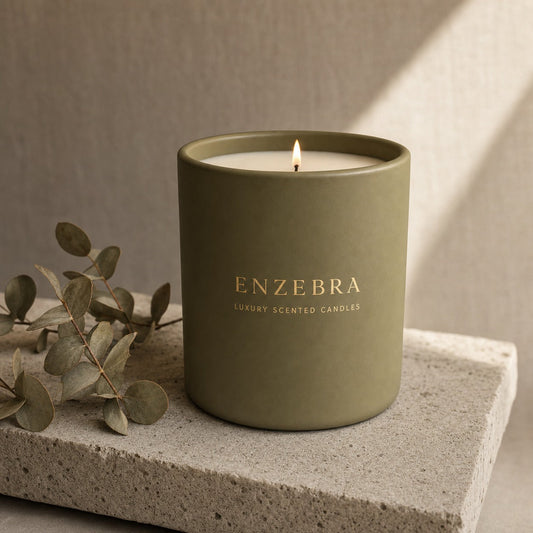 EnZebra Olive Green 12oz luxury scented candle — lit with eucalyptus on concrete