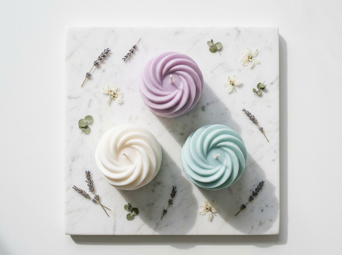 EnZebra Swirl Pillar collection — white, lavender, mint blue