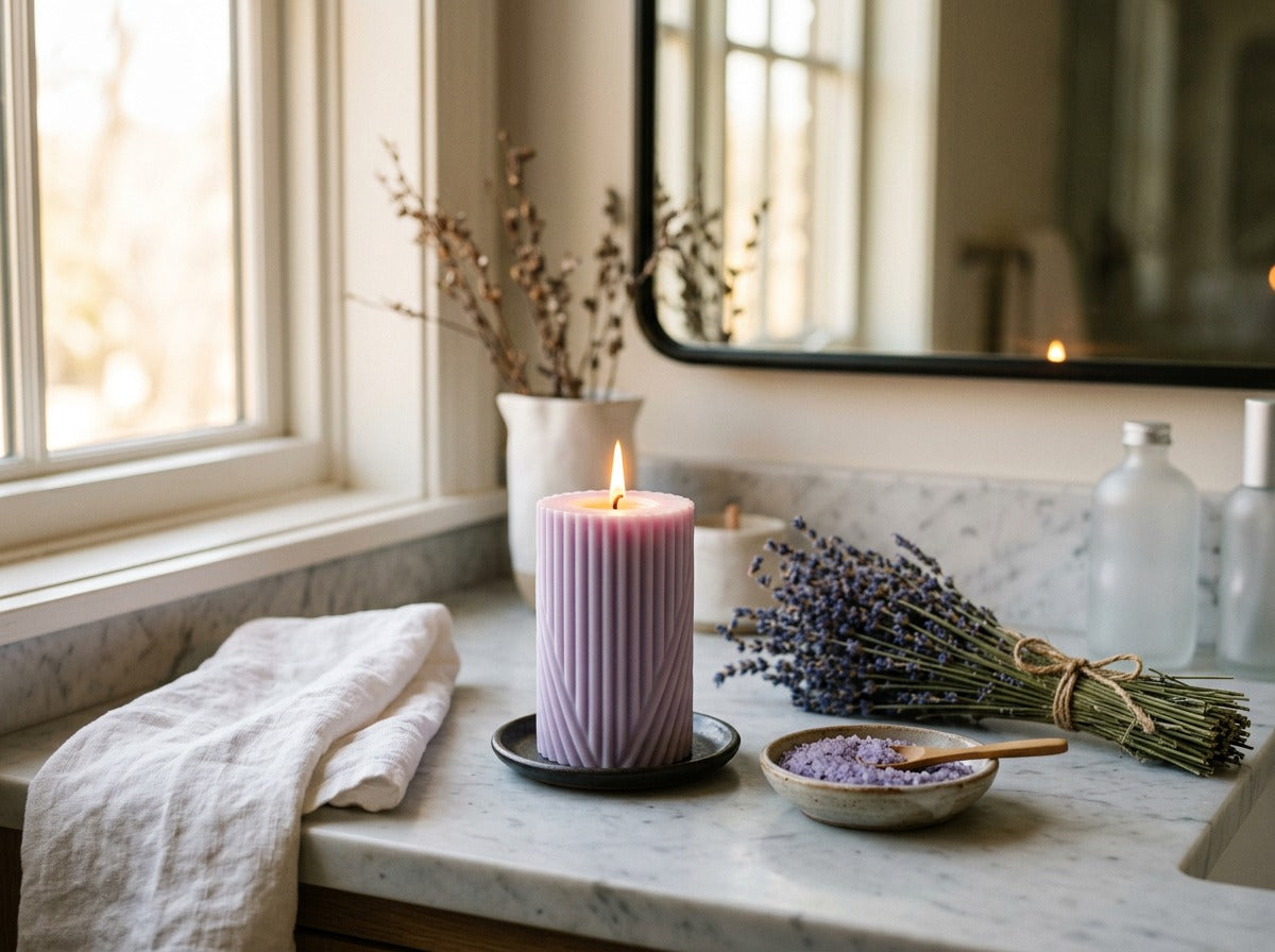 EnZebra Lavender Swirl Pillar on spa vanity — lifestyle