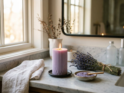 EnZebra Lavender Swirl Pillar on spa vanity — lifestyle