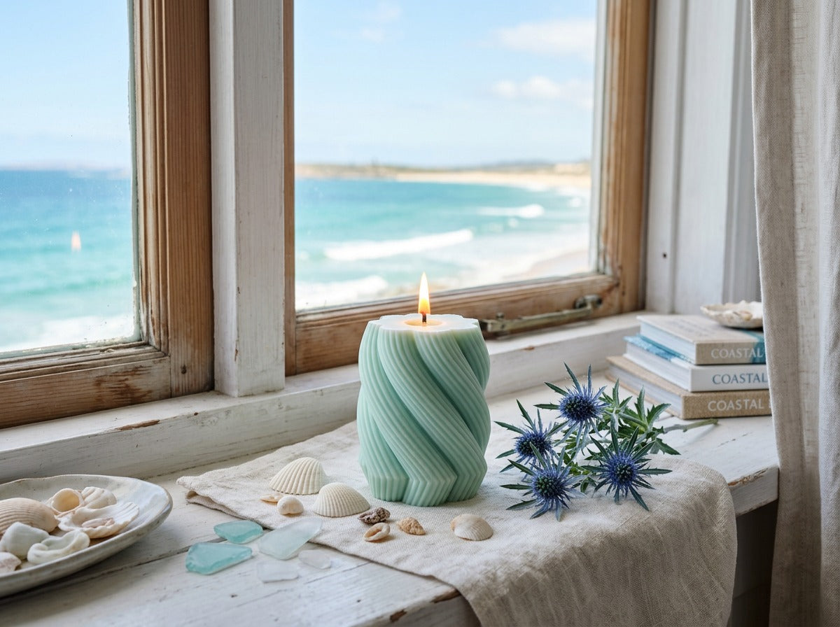 EnZebra Mint Blue Swirl Pillar on coastal windowsill — lifestyle