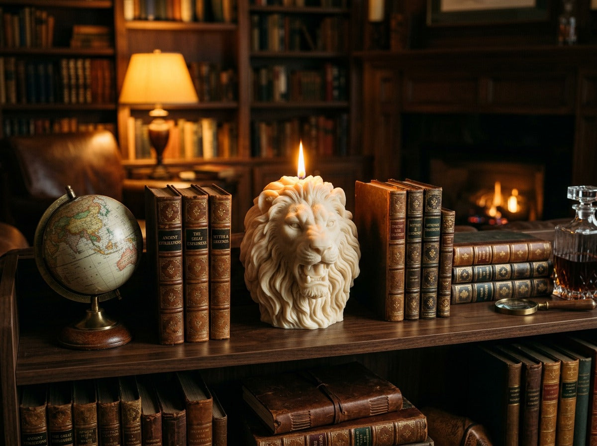 EnZebra Lion Head candle lit on library shelf