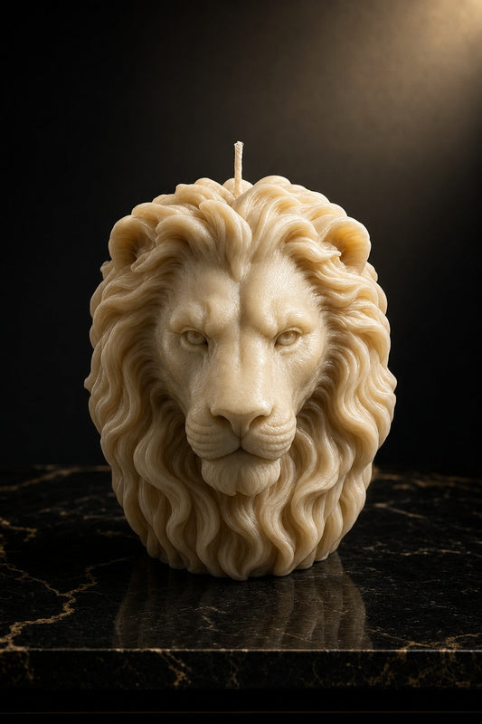 EnZebra Lion Head Sculptural Candle — cream ivory wax on black marble