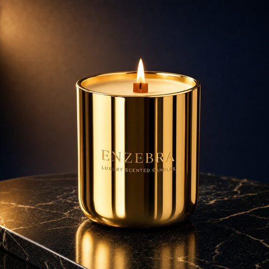 EnZebra Polished Gold 24oz fluted candle — wood wick lit on black marble