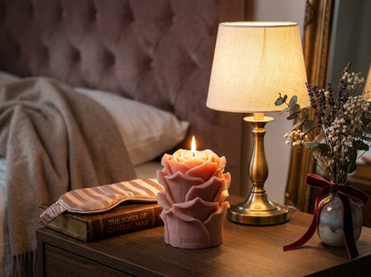 EnZebra Rose Pillar candle lit — bedroom lifestyle