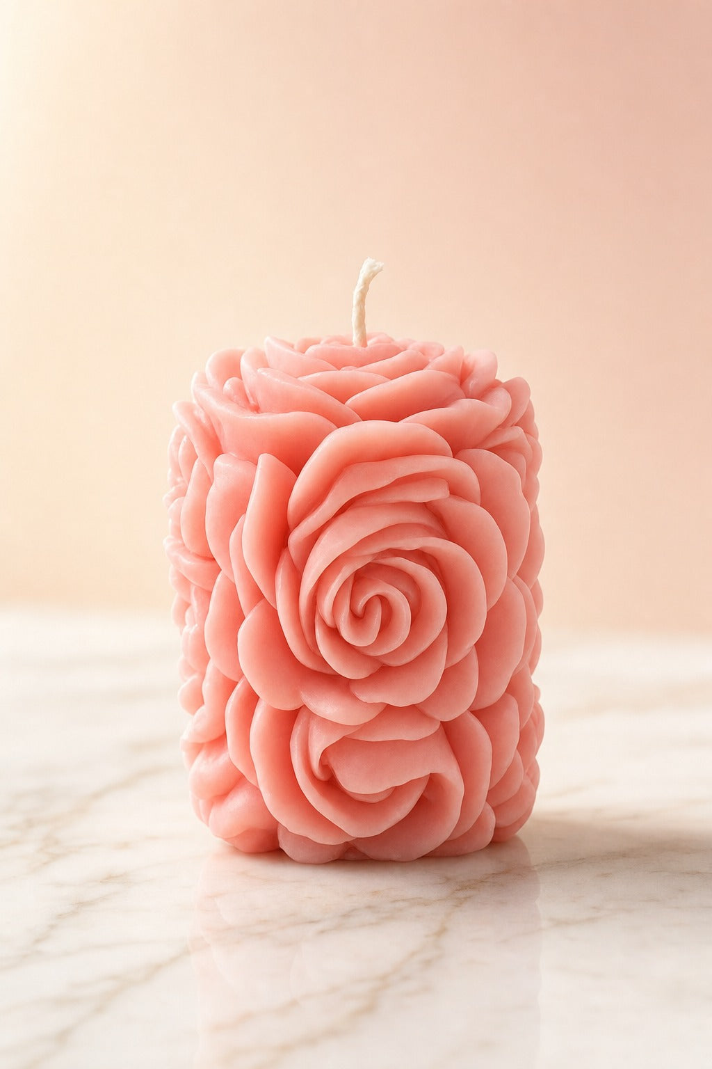 EnZebra Large Rose Pillar Sculptural Candle — blush pink roses on marble