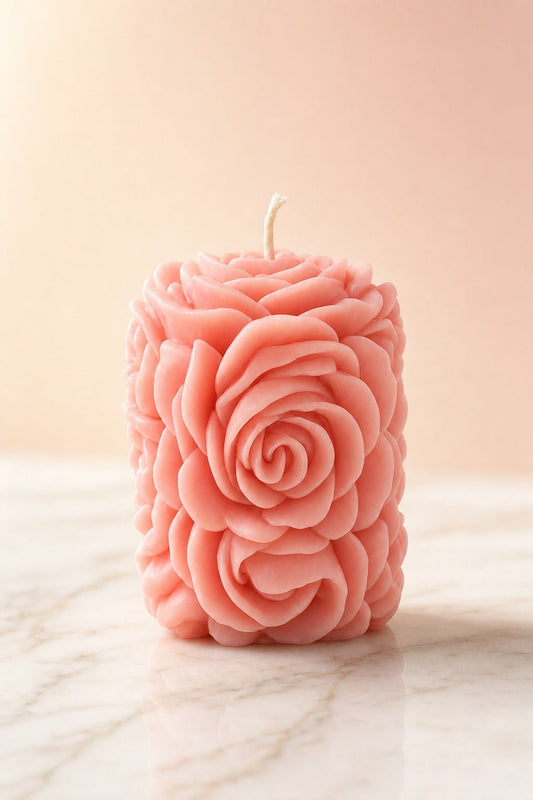 EnZebra Large Rose Pillar Sculptural Candle — blush pink roses on marble