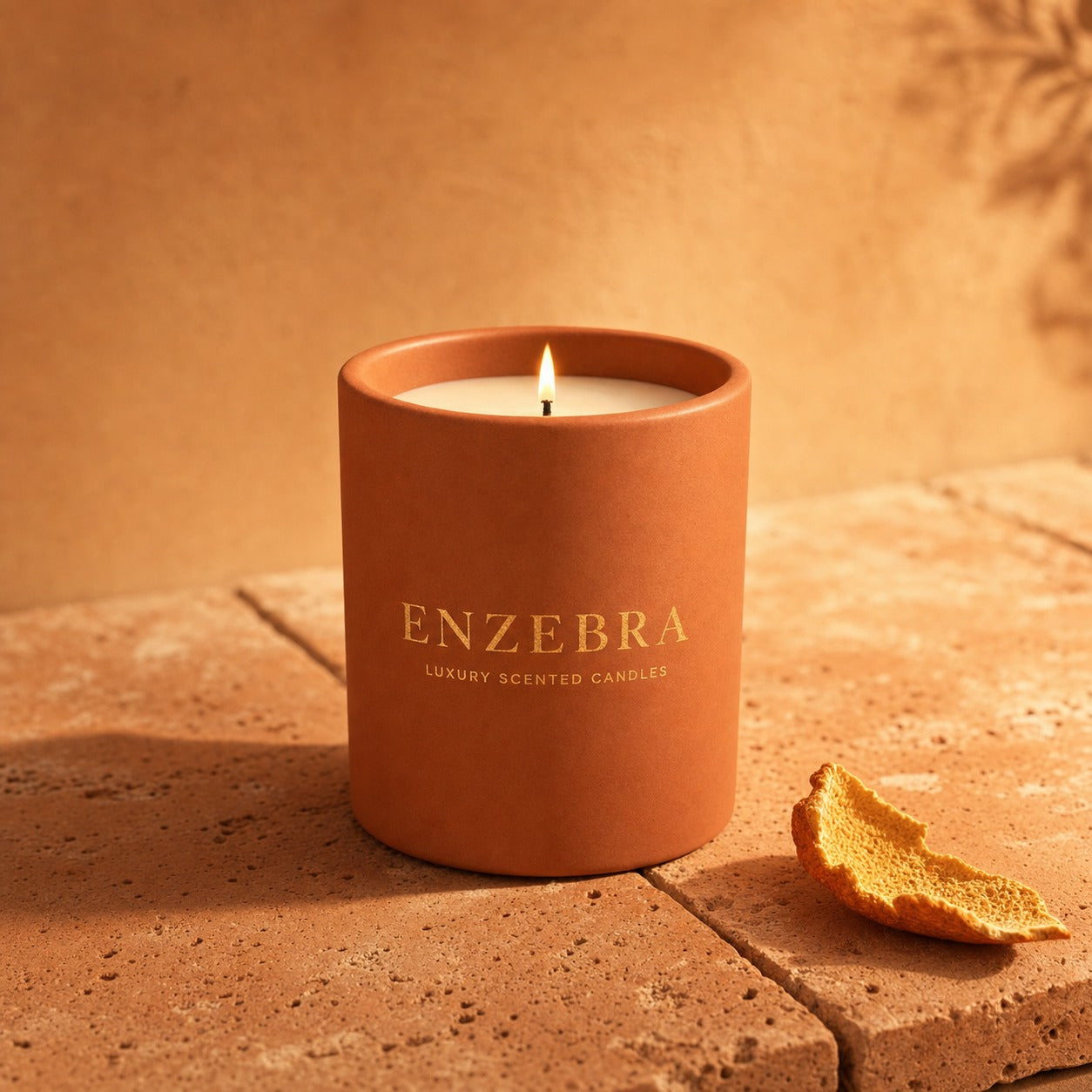 EnZebra Sienna Terracotta 12oz candle — lit on terracotta tile with orange peel