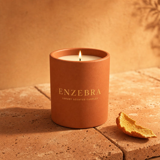 EnZebra Sienna Terracotta 12oz candle — lit on terracotta tile with orange peel