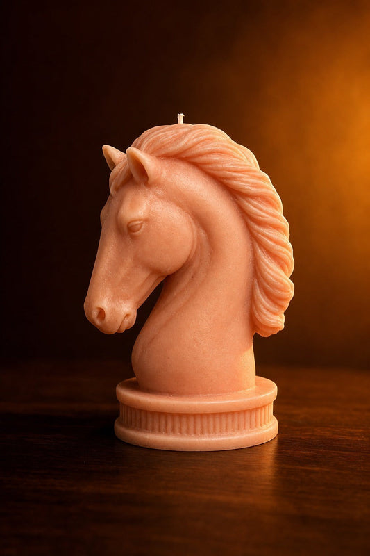 EnZebra Stallion Sculptural Candle — peach chess knight on walnut