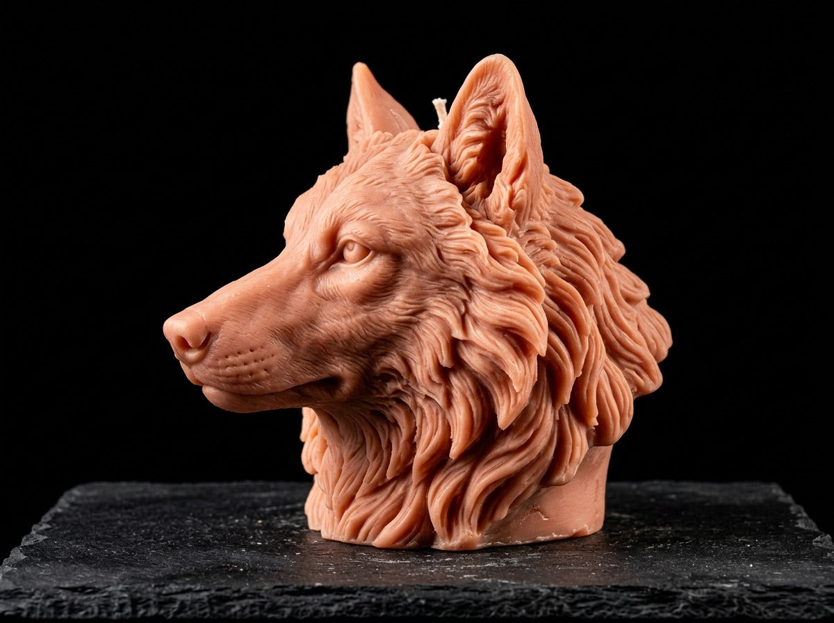 EnZebra Wolf Head candle three-quarter profile fur detail