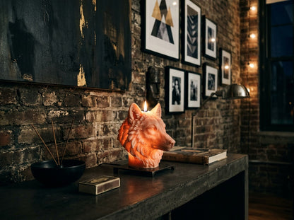 EnZebra Wolf Head candle lit in moody loft interior