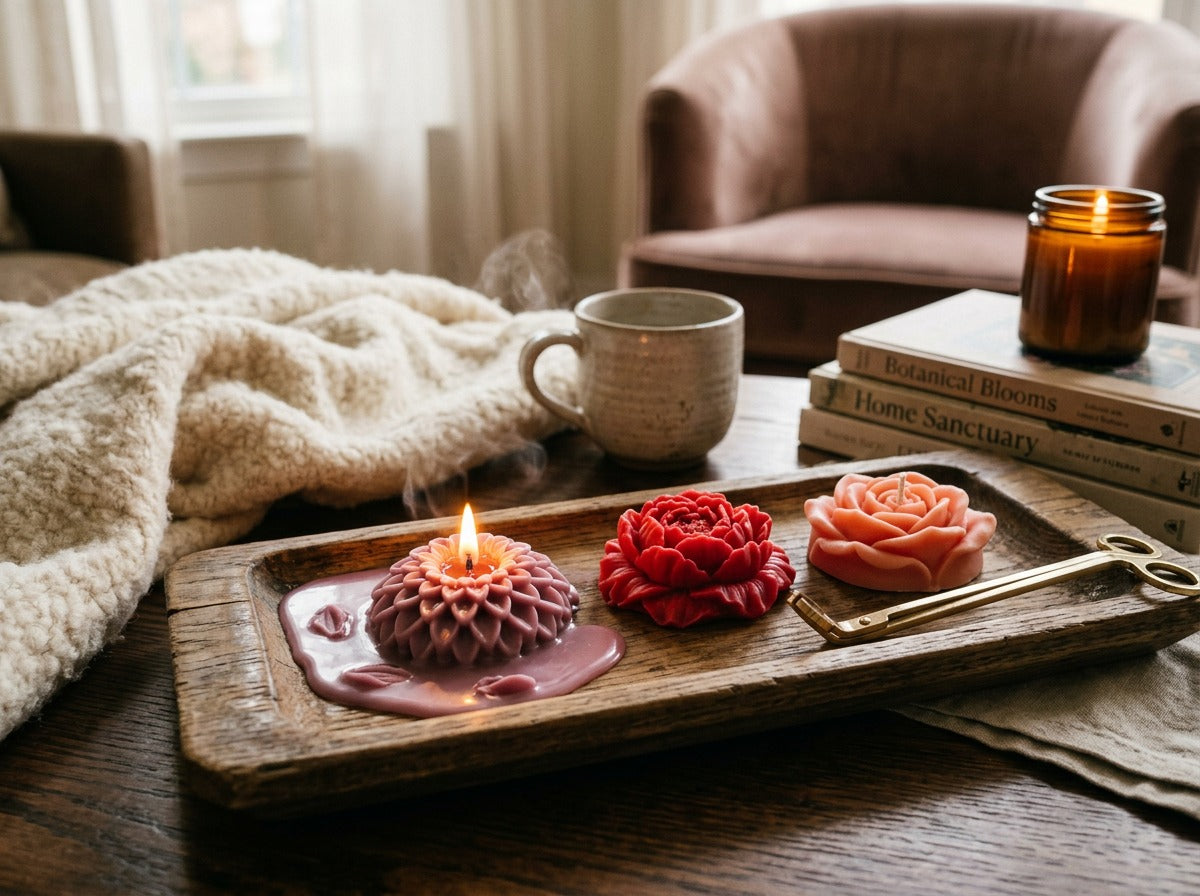 EnZebra Flower Wax Melts on wooden tray — cozy lifestyle
