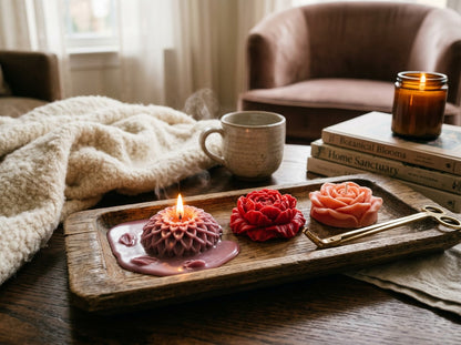 EnZebra Flower Wax Melts on wooden tray — cozy lifestyle