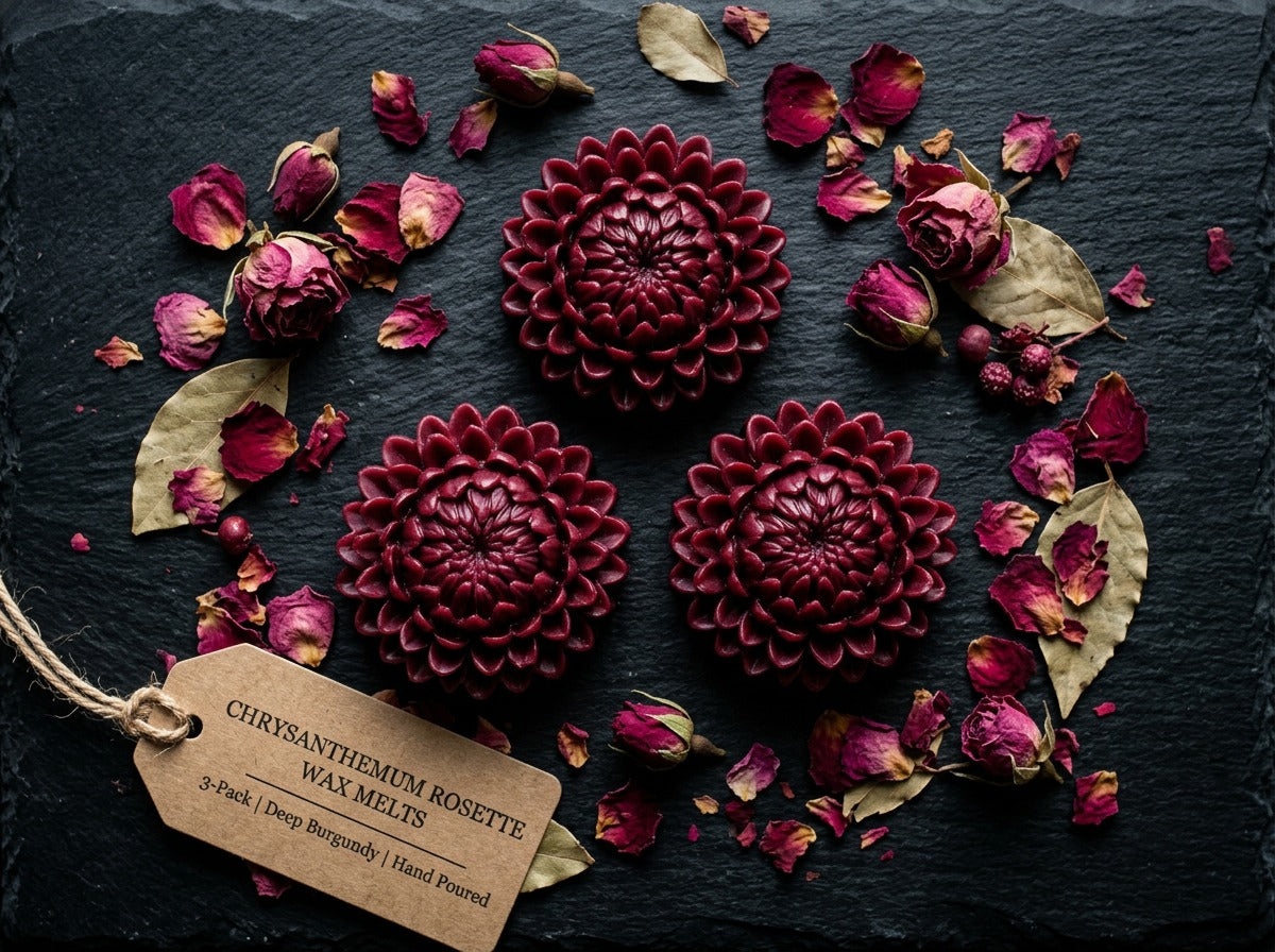 EnZebra Chrysanthemum Rosette Wax Melt 3-Pack flatlay on black slate