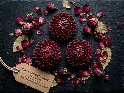 EnZebra Chrysanthemum Rosette Wax Melt 3-Pack flatlay on black slate