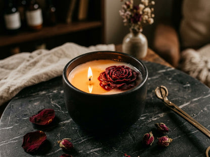 EnZebra Rose Wax Melt floating in vessel candle — in-use lifestyle