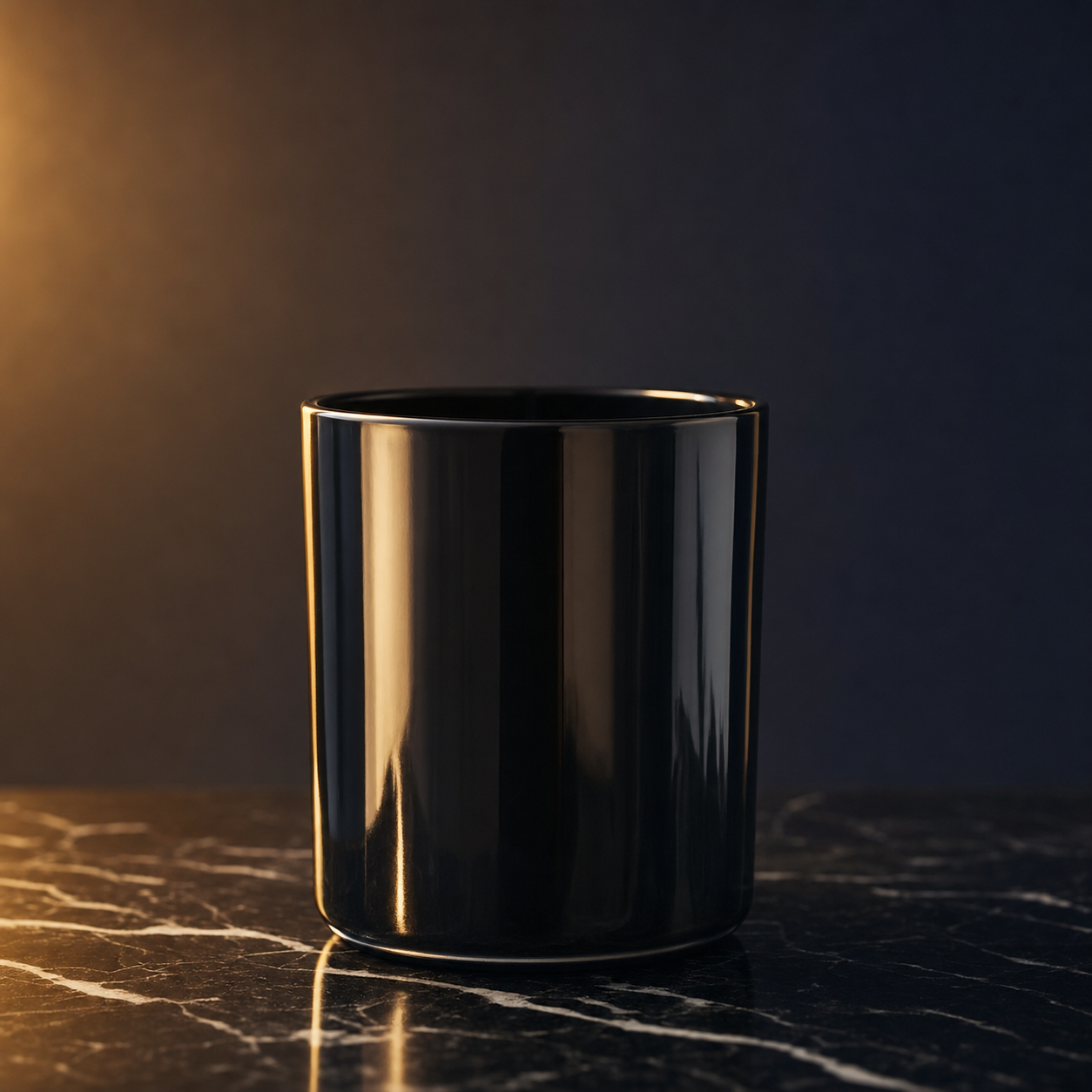 EnZebra Luxury Scented Candle - Obsidian Black 14oz Vessel on dark Marquina marble