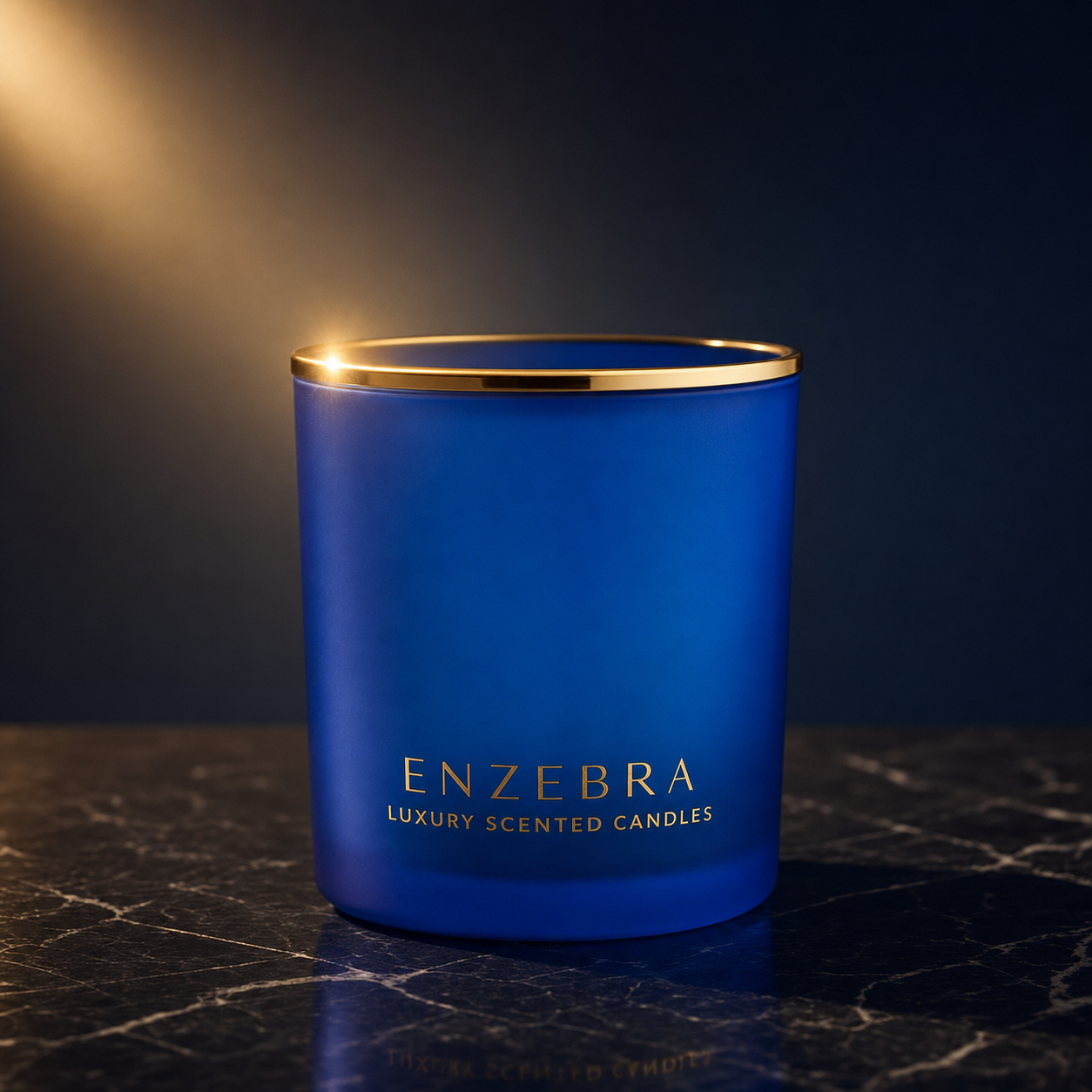 EnZebra Luxury Scented Candle - Frosted Royal Blue 14oz Vessel with gold rim