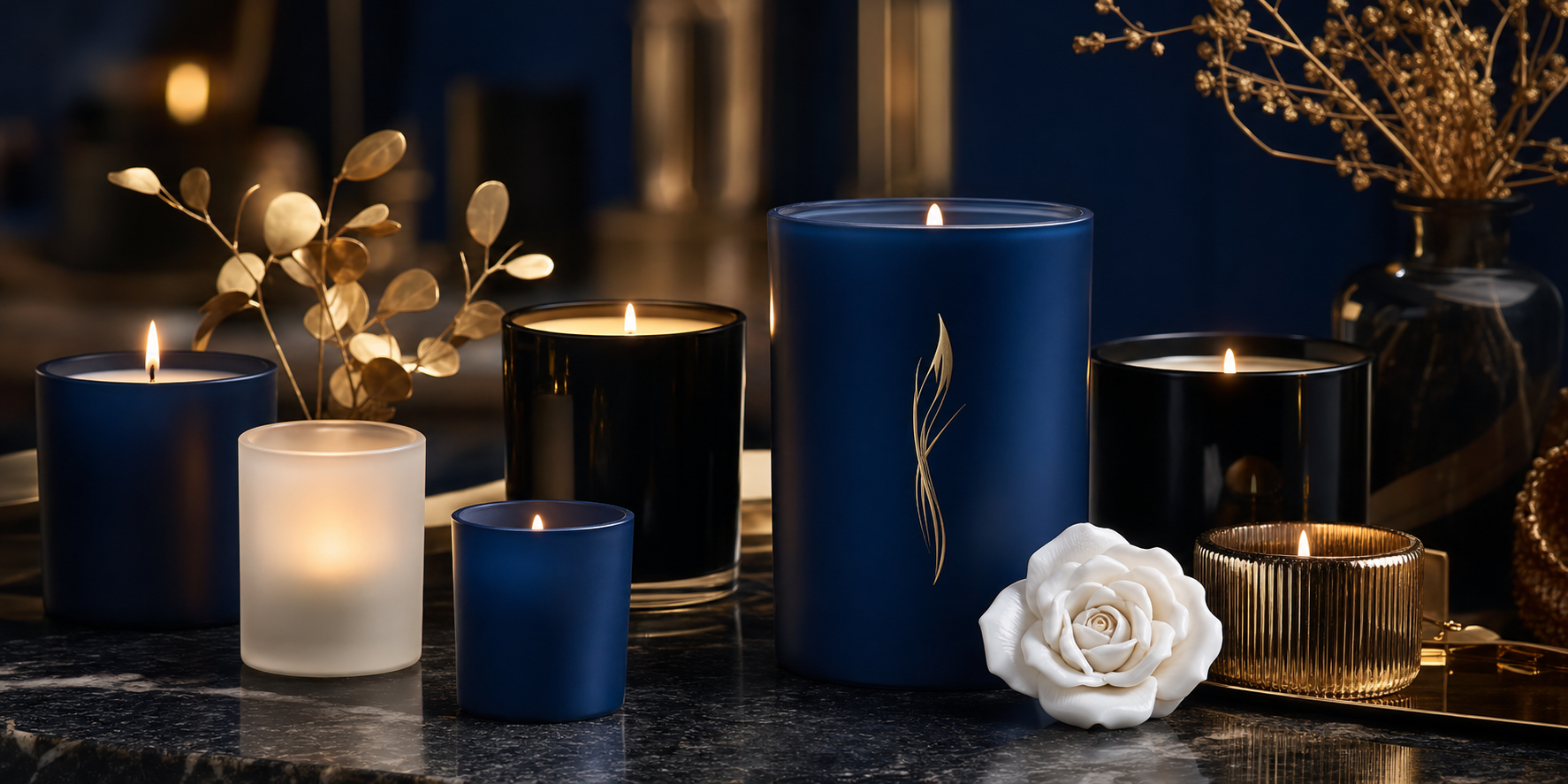 EnZebra Luxury Candles collection — navy, black and frosted glass vessels with gold EnZebra logo