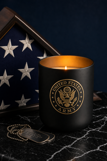 EnZebra Honor Series Military Candle — lifestyle editorial with folded military flag and dog tags on dark Marquina marble