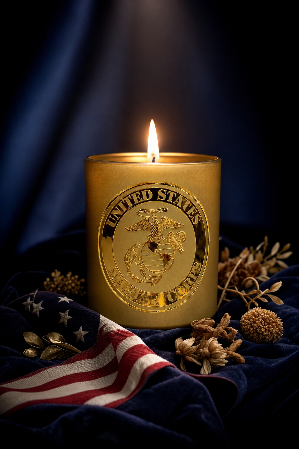 EnZebra Honor Series — gold frosted vessel with United States Marine Corps emblem, lit flame, American flag
