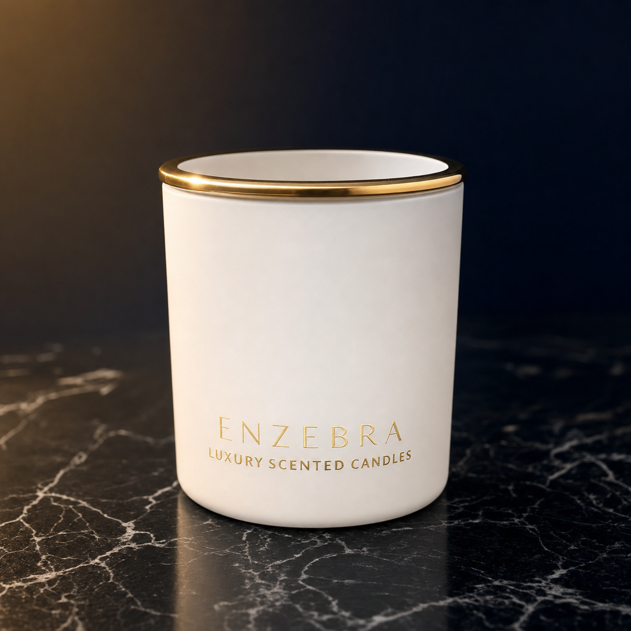 EnZebra Luxury Scented Candle - Matte White 8oz Vessel with gold rim and EnZebra branding