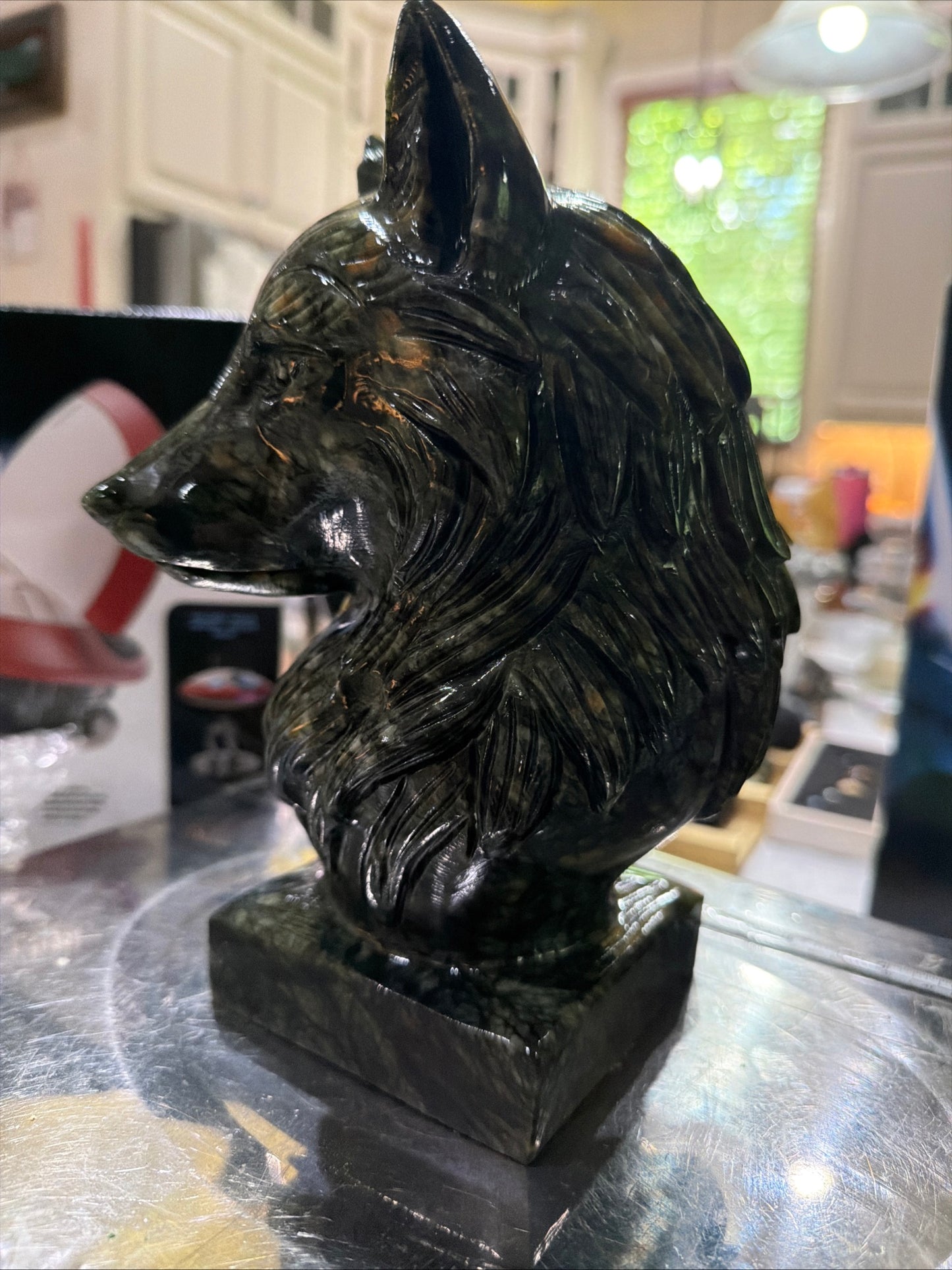 Hand-Carved Jade Wolf Head Sculpture — 9 lb Natural Stone