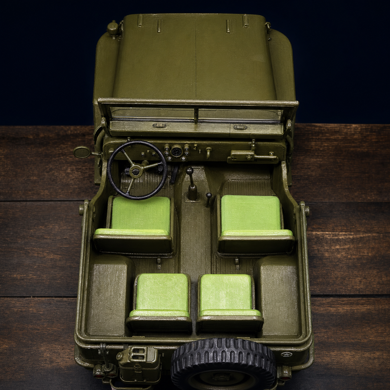 Garland Workshop Jeep — hand-painted interior detail, lime green seats, black steering wheel