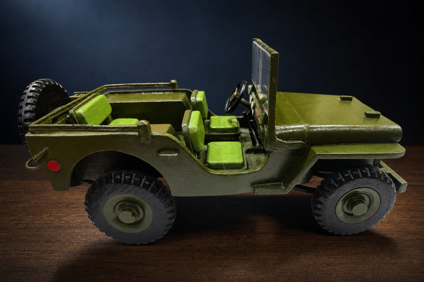 Garland Workshop WWII Willys MB Jeep — side profile, olive drab, lime green seats