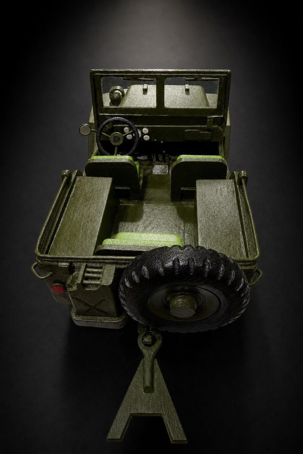 Garland Workshop Jeep — top-down interior, lime green seats, steering wheel