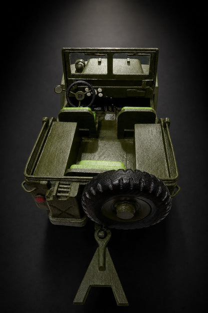 Garland Workshop Jeep — top-down interior, lime green seats, steering wheel