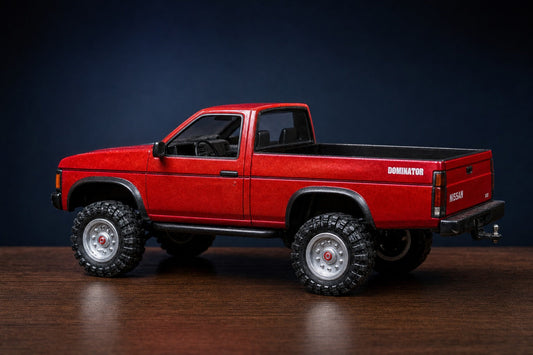 Garland Workshop Dominator Nissan D21 — side profile, red hand-painted wood body