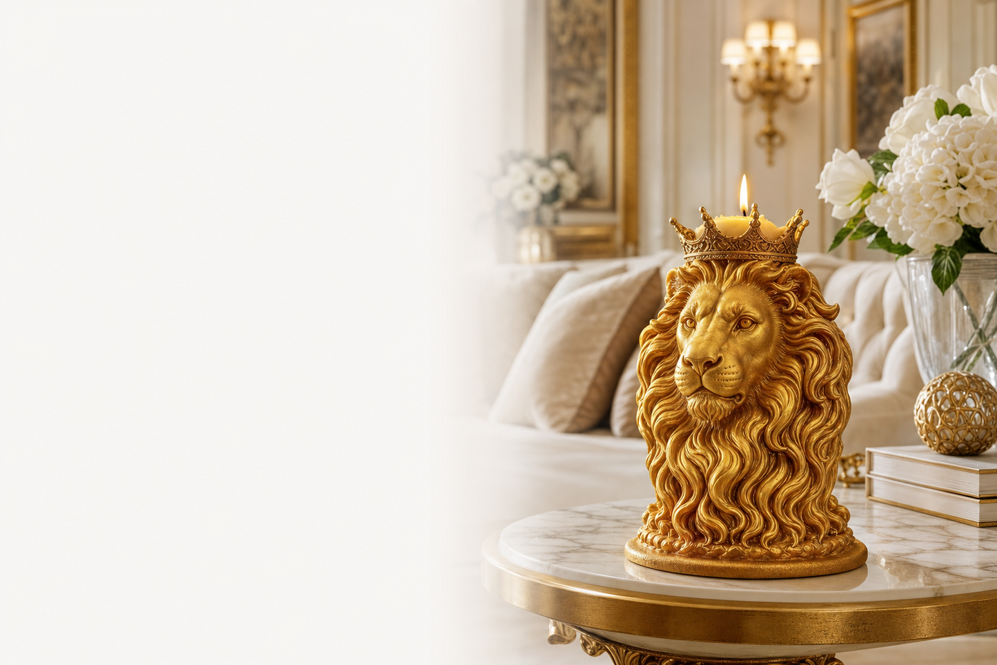 Lionhead Candle — Wayfair staging, gold crown on marble