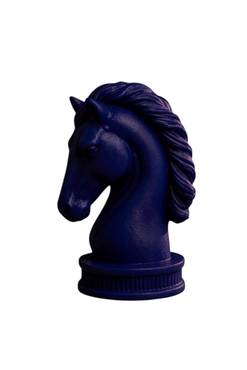 Zebra Industries, LLC dark blue horse head sculptural candle on a round base, handmade wax art piece.