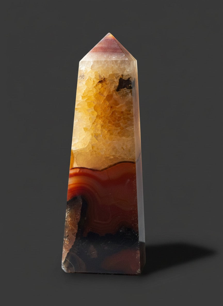 Zebra Industries, LLC polished carnelian agate tower with a sparkling druzy quartz geode interior and banded patterns.