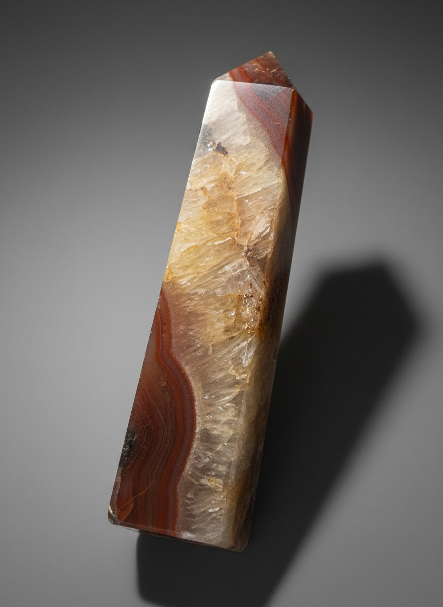 Zebra Industries, LLC polished carnelian agate geode tower with translucent orange banding and sparkling druzy quartz.
