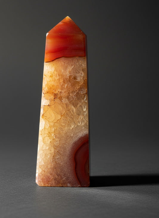 Zebra Industries, LLC carnelian agate geode tower with a polished obelisk shape and sparkling druzy quartz interior cavity.