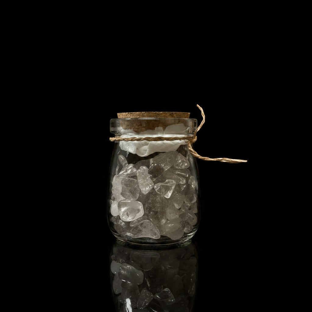 Zebra Industries, LLC corked glass jar filled with clear quartz tumbled mineral chips on a black background.