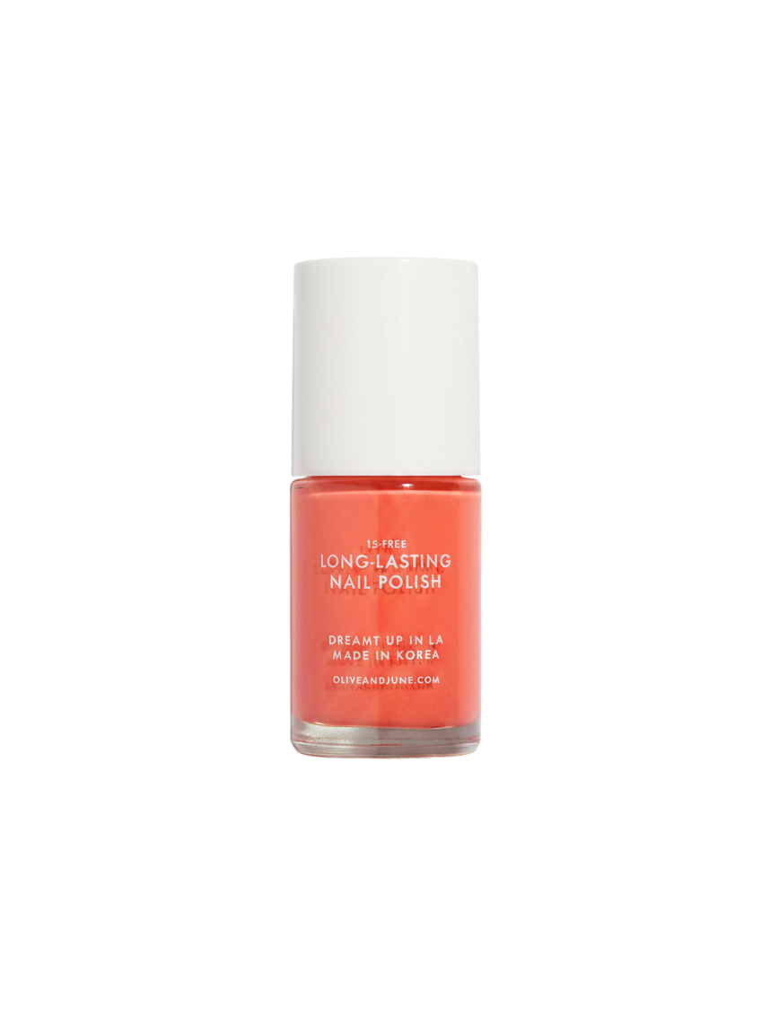 Zebra Industries, LLC Olive & June long-lasting nail polish in Field Day, a vibrant coral red 15-free formula.