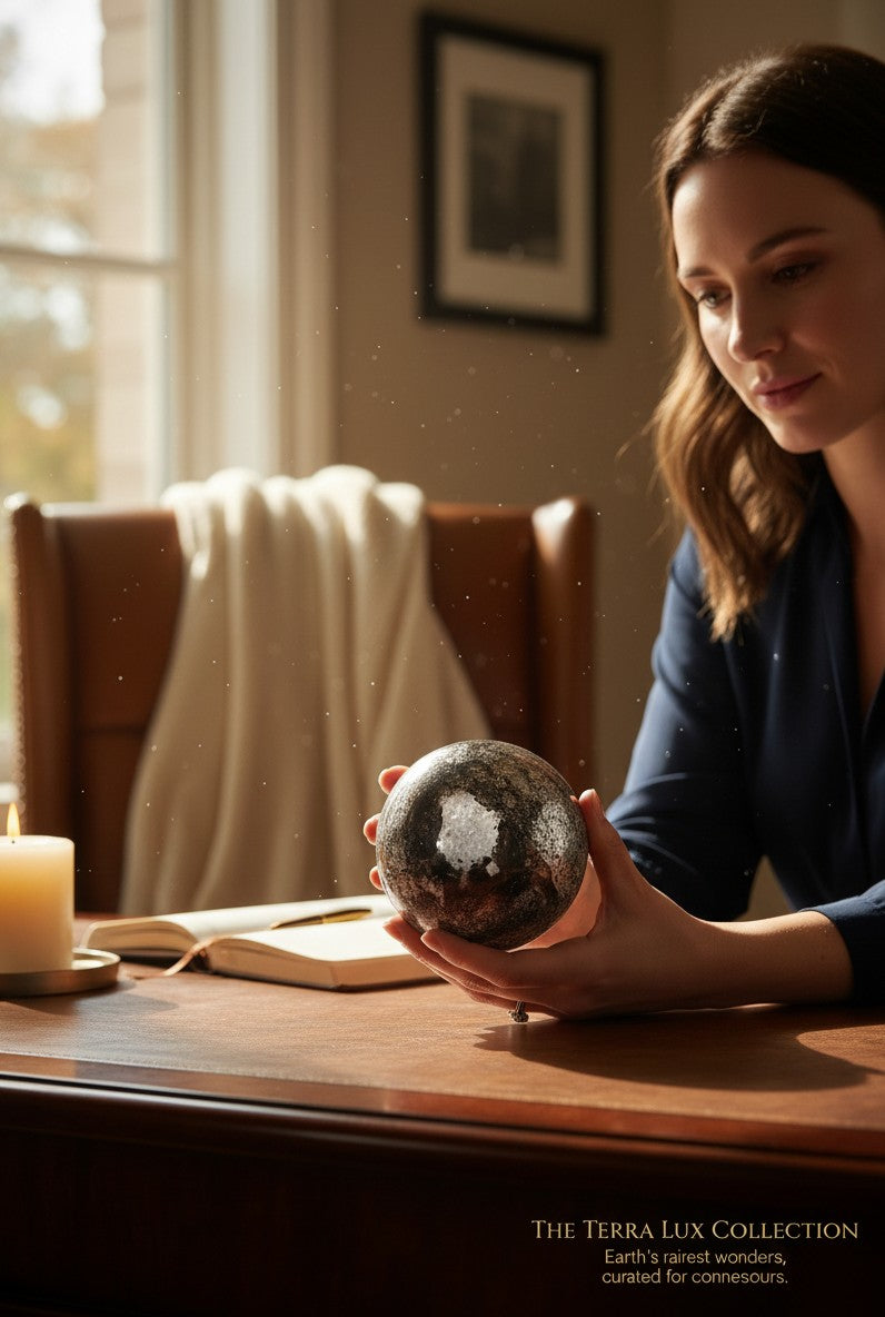 Zebra Industries, LLC collector grade polished Garden Quartz sphere held by a woman in a warm, sunlit study.