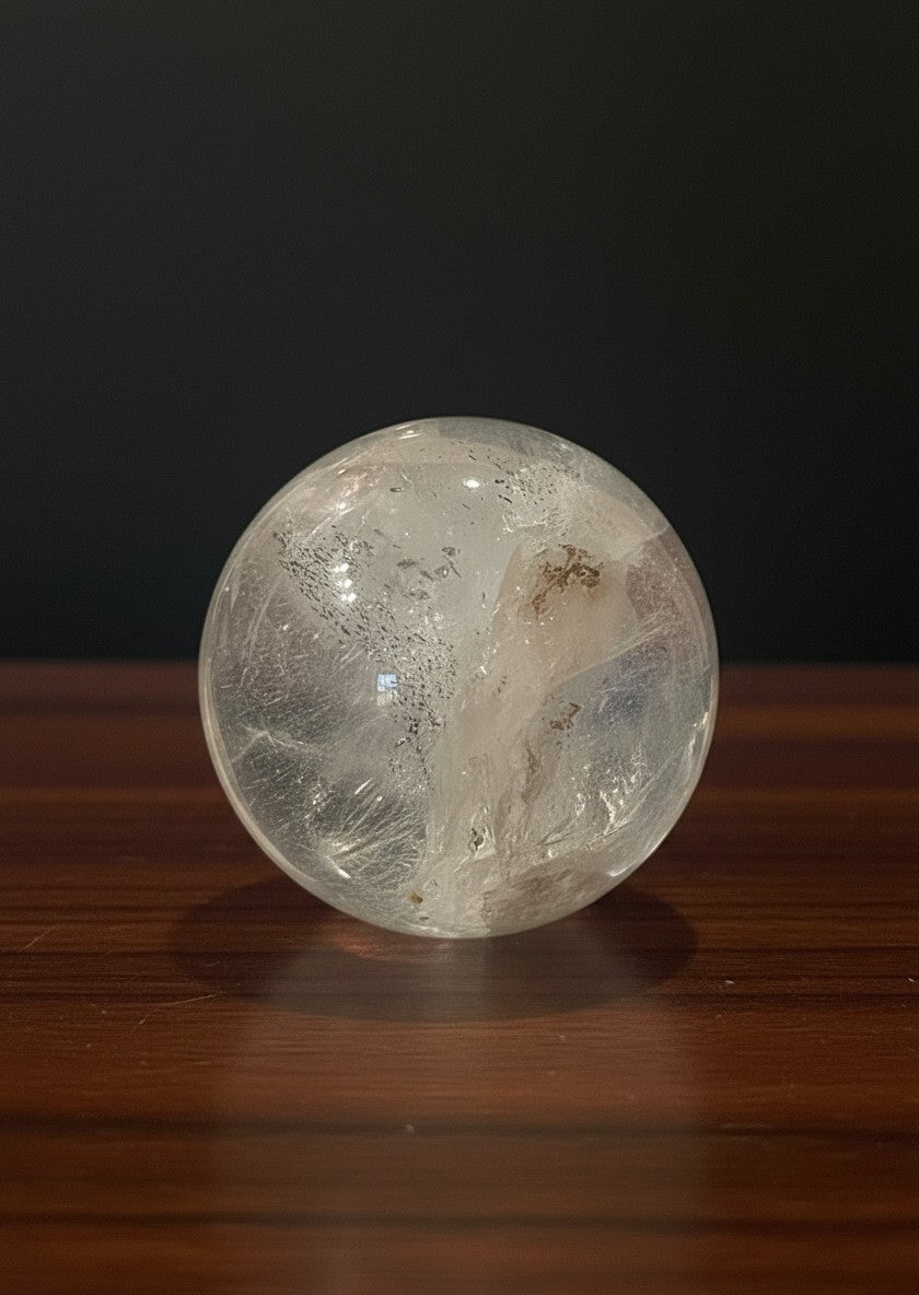 Zebra Industries, LLC collector grade Garden Quartz crystal sphere with natural mineral inclusions on a wooden surface.