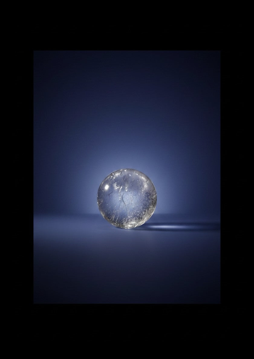 Zebra Industries, LLC polished 2-inch Garden Quartz sphere with natural inclusions on a dark blue background.