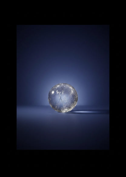 Zebra Industries, LLC polished 2-inch Garden Quartz sphere with natural inclusions on a dark blue background.