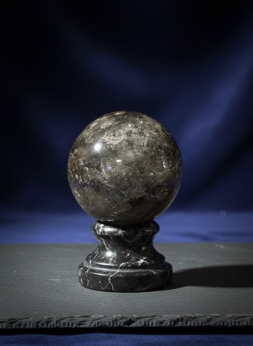 Zebra Industries, LLC 3-inch garden quartz sphere with natural chlorite inclusions on a black marble pedestal base.