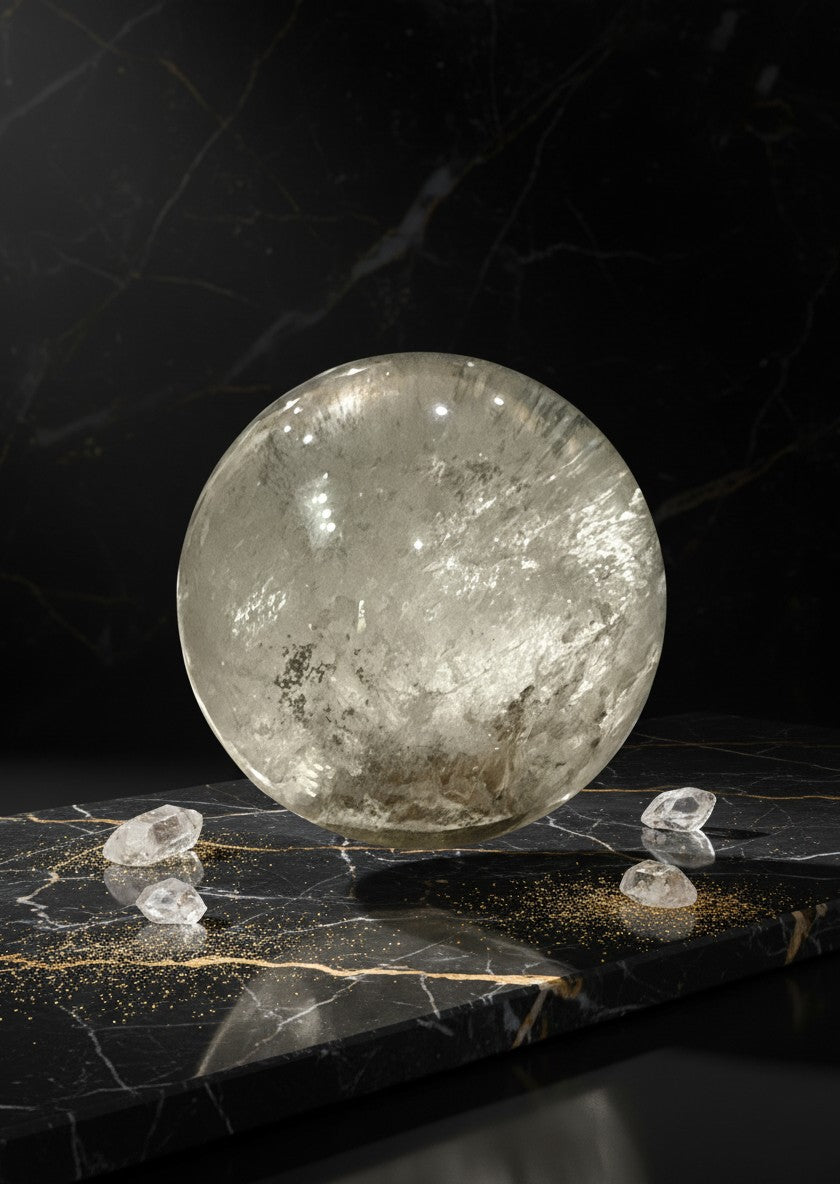 Zebra Industries, LLC collector grade Garden Quartz crystal sphere with natural mineral inclusions on marble surface
