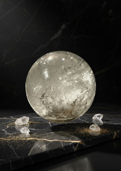 Zebra Industries, LLC collector grade Garden Quartz crystal sphere with natural mineral inclusions on marble surface