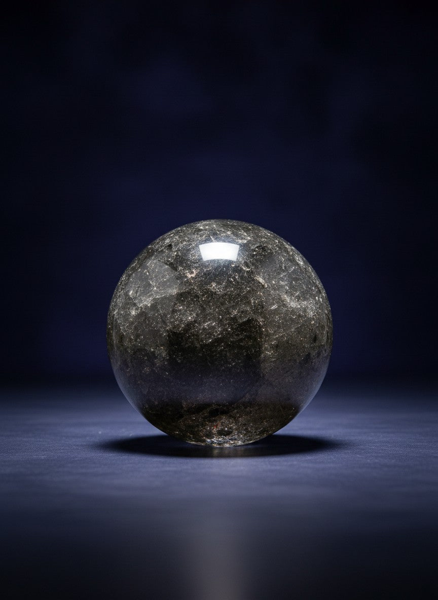 Zebra Industries, LLC garden quartz sphere with dark chlorite inclusions and phantom formations on a dark background.