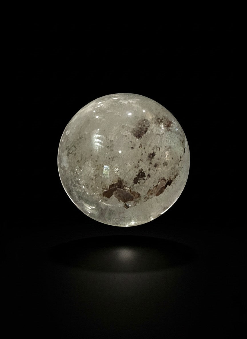 Zebra Industries, LLC garden quartz sphere with hematite inclusions and iron oxide patterns on a black background.