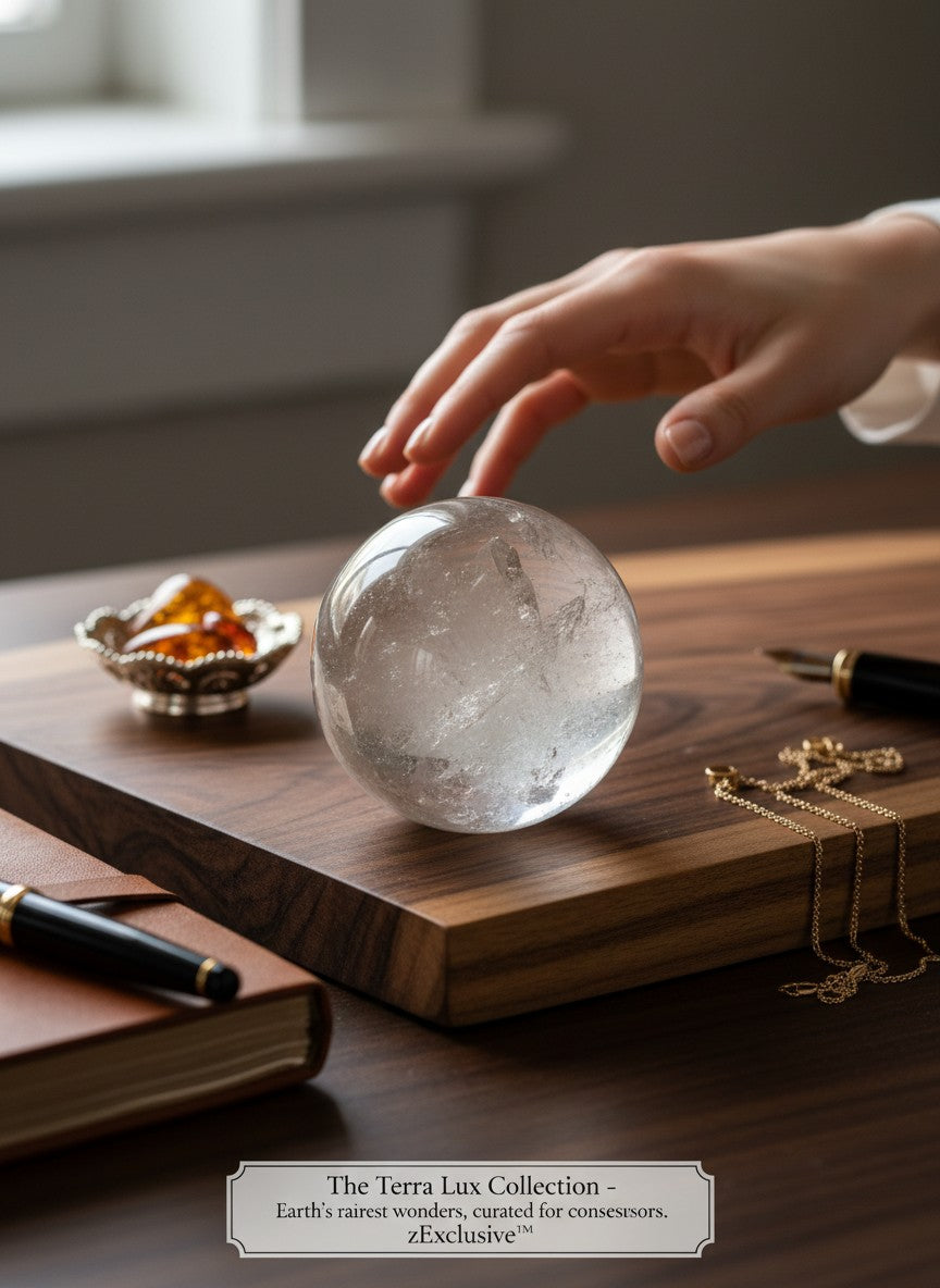 Zebra Industries, LLC hand-polished garden quartz sphere with natural inclusions on a wooden desk with a hand reaching.